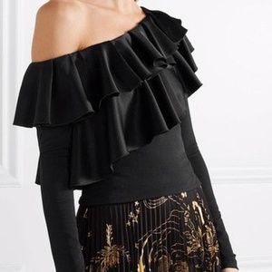 Alice + Olivia Izzy Cropped Ruffled Satin Top